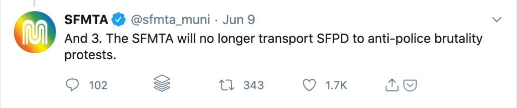 San Francisco Municipal Transportation Authority Says They Will Stop Transporting Officers To Protest&nbsp;Sites
